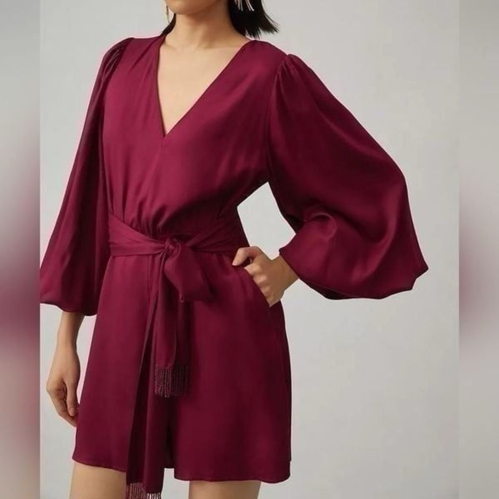 NWT Farm Rio Anthropologie Belted Romper Women S Puff Sleeve Plum Wine Long Slee